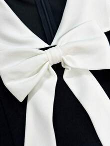 Tween Girls Autumn Black & White Color Block Bow Elegant Commute Street Party Evening Cute Long Sleeve Dress - Black - View 6
