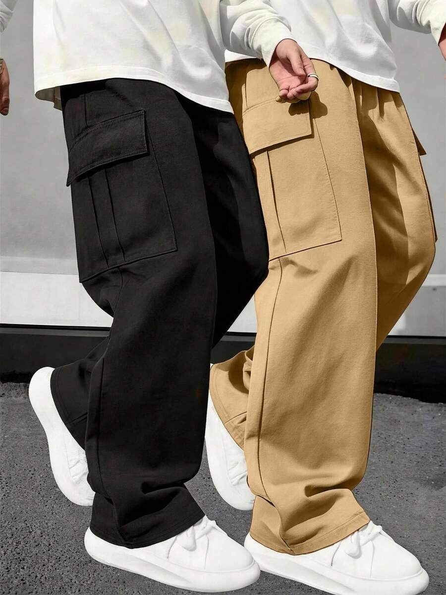 2pcs/Set Street Style Boys Solid Color Wide Leg Cargo Pants, Multi-Pocket Elastic Waist School Uniform Long Pants - Multicolor - View 1