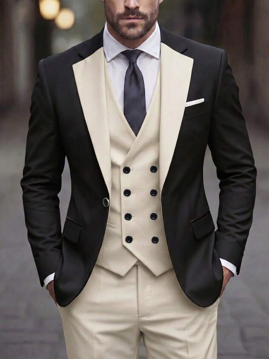 Men's 3-Piece Suit, Blazer + Vest + Trousers, Fashionable And High Quality, Suitable For Weddings, Parties Or Formal Events