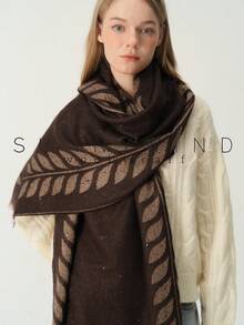 1pc Women's Leaf Pattern Gold Thread Elegant Elegant Lady Wool Jacquard Scarf For Autumn/Winter Daily Wear - Brown - View 2