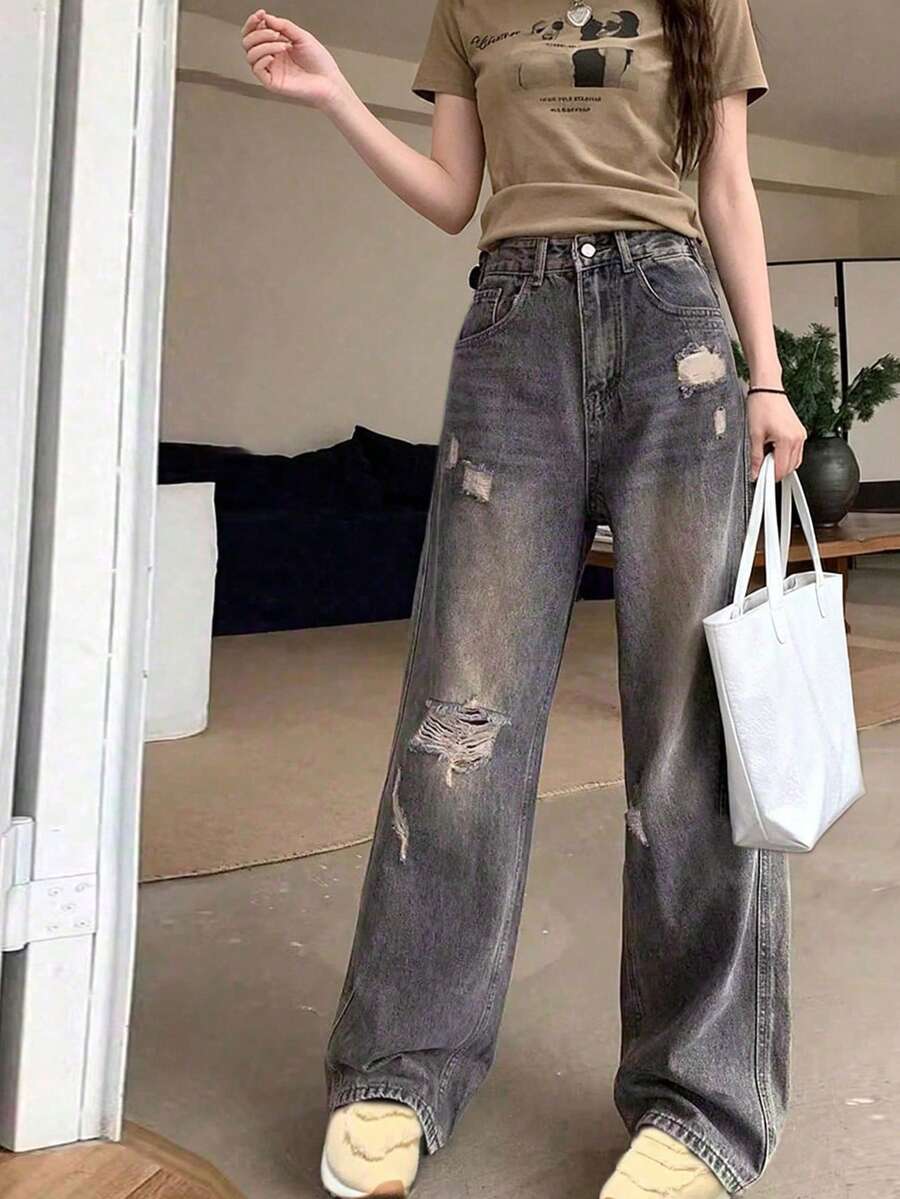 Vintage Distressed Boyfriend Jeans For Petite Women, Versatile, Slimming, Loose Wide Leg Long Pants Casual Spring Fall - Retro Blue - View 1