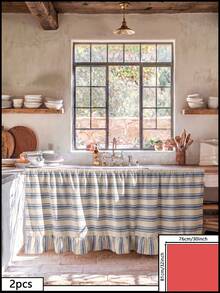 1/2pcs Beige & Blue Horizontal Striped Sink Skirt, Rustic Country Style Fabric Material, Rectangular Top With Pleated Detail And Bottom Ruffle Hem, Concealing Storage And Decorative Function, Kitchen Sink Curtain Suitable For Kitchen Sink Concealment And Natural Country Home Decor Scenes - Blue - View 14