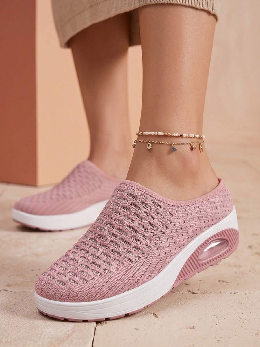Women's Summer Mesh Slip-On Mule Slippers, Air Cushion Rocker Sole, Breathable Thick Platform Height-Increasing Fashion Casual Slides - Pink - View 1