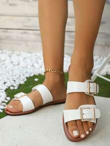 White Double Buckle Flat Slide Sandals – Fresh Summer Slides For Seaside Trip, Garden Party & Daily Wear - White - View 5