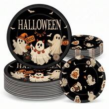 10/20/40pcs Vintage Boo Ghost Disposable Paper Plates, Black Background With Cute Ghost, Pumpkin And Bat Prints, 7 Inch And 9 Inch Dinner Plates, Spooky Autumn Halloween Tableware, Suitable For Halloween Party, Trick Or Treat, Autumn Gathering And Spooky Dessert Table Decoration - Ghost Edition - View 1