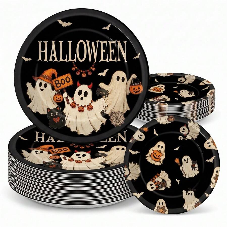 10/20/40pcs Vintage Boo Ghost Disposable Paper Plates, Black Background With Cute Ghost, Pumpkin And Bat Prints, 7 Inch And 9 Inch Dinner Plates, Spooky Autumn Halloween Tableware, Suitable For Halloween Party, Trick Or Treat, Autumn Gathering And Spooky Dessert Table Decoration - Ghost Edition - View 1