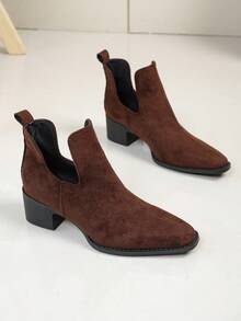 WTKMRSSTEP Minimalist V-Neck Chelsea Boots Women Pointed Toe Chunky Heel Vintage Style Versatile Ankle Boots - Brown - View 5
