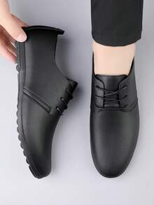 Men's Black Commuter Microfiber Leather Lace-Up Loafers, Outdoor Spring/Autumn, Non-Slip, Wear-Resistant - Black - View 4