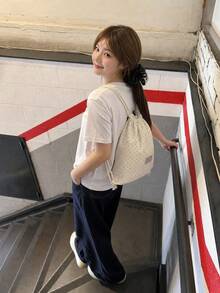 波點抽繩背包，輕量休閒束口包，適合日常通勤、運動、海灘與旅行，返校季，女款時尚背包，可愛背包（實際顏色為灰白色） - 米色 - 查看 2