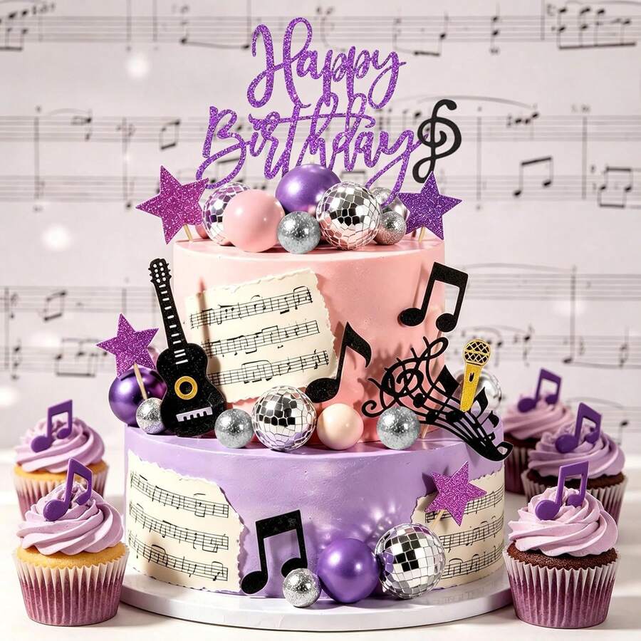 39pcs Music Theme Cake Toppers Purple Girl Happy Birthday Guitar Note Disco Ball Decorations - Multicolor - View 1