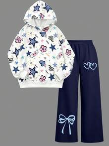 2pcs Girls All-Over Print Hoodie & Minimalist Casual Wide Leg Pants Set, Comfortable Cool Fashion Outfit, Suitable For Autumn/Winter - Multicolor - View 2