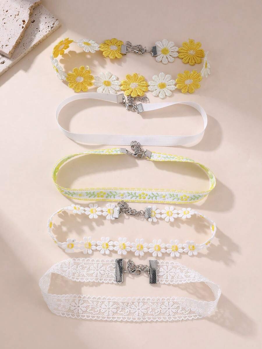 5件組女孩甜美蕾絲花朵頸飾套組,青少年格紋布料領口項鍊 - 黃色 - 查看 1