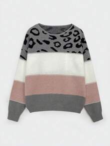 Women's Oversized Cute Colorblock Leopard Print Sweater, Casual Comfortable Ribbed Knit Crew Neck Long Sleeve Pullover Top Fall - Multicolor - View 5