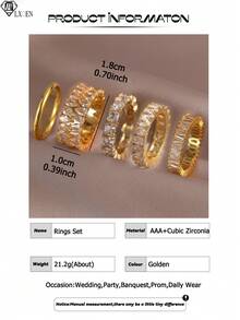 Bộ 5 nhẫn nữ thời trang hình học màu vàng, nhẫn đồng đính đầy đá Cubic Zirconia sang trọng, phù hợp cho đính hôn, Halloween và trang trí hàng ngày - Vàng - Xem 4