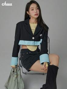 CHUU 女款寬鬆版西裝外套，秋季設計，獨特拼接，小眾風格，修身顯瘦上衣 - 黑色 - 查看 5
