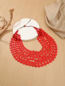 European & American African Exaggerated Vintage Bohemian Multi-Layer Colorful Wooden Bead Long Necklace - Red - View 3