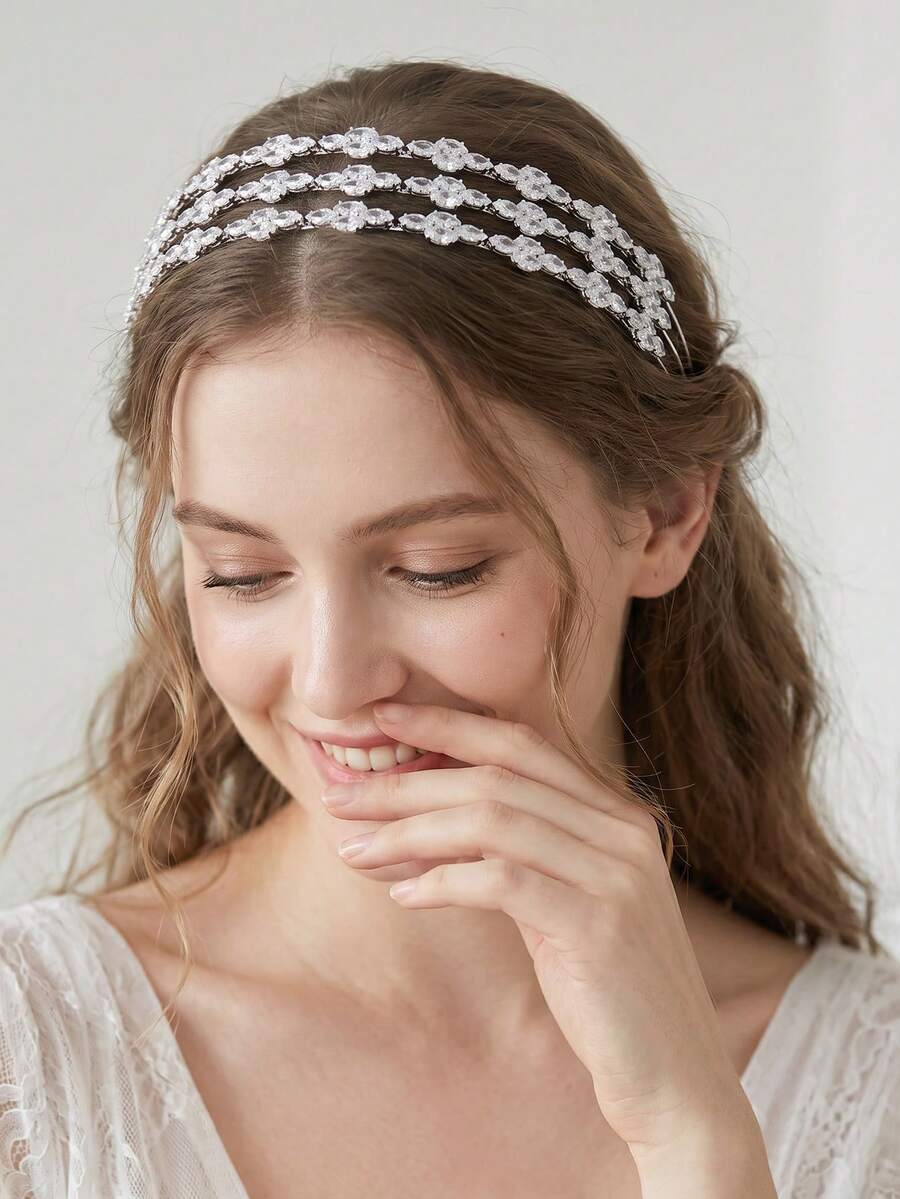 3-Layer Zirconia Inlaid Silver Metal Headband, Bridal Wedding Dress Hair Accessory, Luxury Sparkling Rhinestone Headpiece For Evening Gown, Party, Versatile Styling