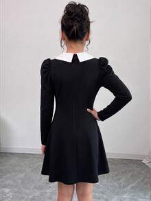 Tween Girls Autumn Black & White Color Block Bow Elegant Commute Street Party Evening Cute Long Sleeve Dress - Black - View 3