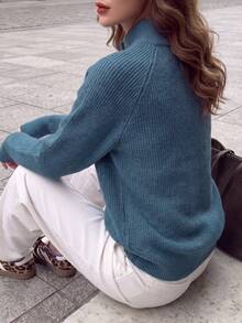 Aflion Sweater Rajut Pendek Wanita Warna Polos dengan Kerah Tinggi Bergaris dan Kancing Setengah, Lengan Mengembang, Atasan Rajut Tebal, Hangat, dan Elastis, Serbaguna untuk Pakaian Sehari-hari Musim Gugur/Dingin - Biru - View 2