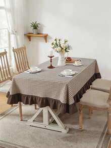 1pc Minimalist Pastoral Home Ruffle Trim Color Block Tablecloth, Brown & White Small Check Dust Cover, Washable & Reusable, Suitable For Dining Room, Kitchen, Banquet, Gathering, Homestay Decor, Holiday Party - Brown - View 2