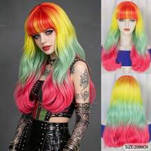 Medium Long Wavy Curly Rainbow Synthetic Hair With Bangs - Natural Looking, Beginner Friendly, Daily Fashion Halloween Cosplay Colorful Holiday Party Costume Wig For Women - Multicolor - View 17