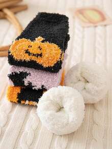 3/4 Pairs Women's Halloween Coral Fleece Mid-Calf Socks, Pumpkin Witch Hat Bat Moon Ghost Print, Soft Warm Fuzzy Cute Home Sleep Socks, Suitable For Winter Holidays - Multicolor - View 3