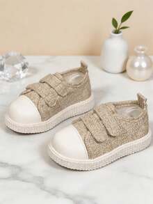 New Unisex Toddler Literary Style Casual Shoes, Comfortable Linen Fabric Colorblock Toe Design, Double Hook And Loop Closure, Lightweight Breathable Woven Material, Non-Slip Textured Sole, Simple Fresh Design, Suitable For Daily Wear, Outdoor Walking, Low-Top Casual Shoes - Khaki - View 6