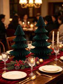 2pcs Green Paper Honeycomb Christmas Trees, Holiday Tabletop Decor, Party Decoration And Gift, Suitable For Christmas Table Display, Centerpiece And Home Or Room Decoration - Green - View 4