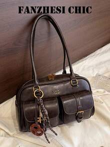 Double Pocket Belt Buckle Vintage Oil Wax Soft Leather Multi-Compartment Lock Boston Underarm Bag, American Collegiate Style, Women's Commute School Ins Shoulder Handbag - Coffee - View 1