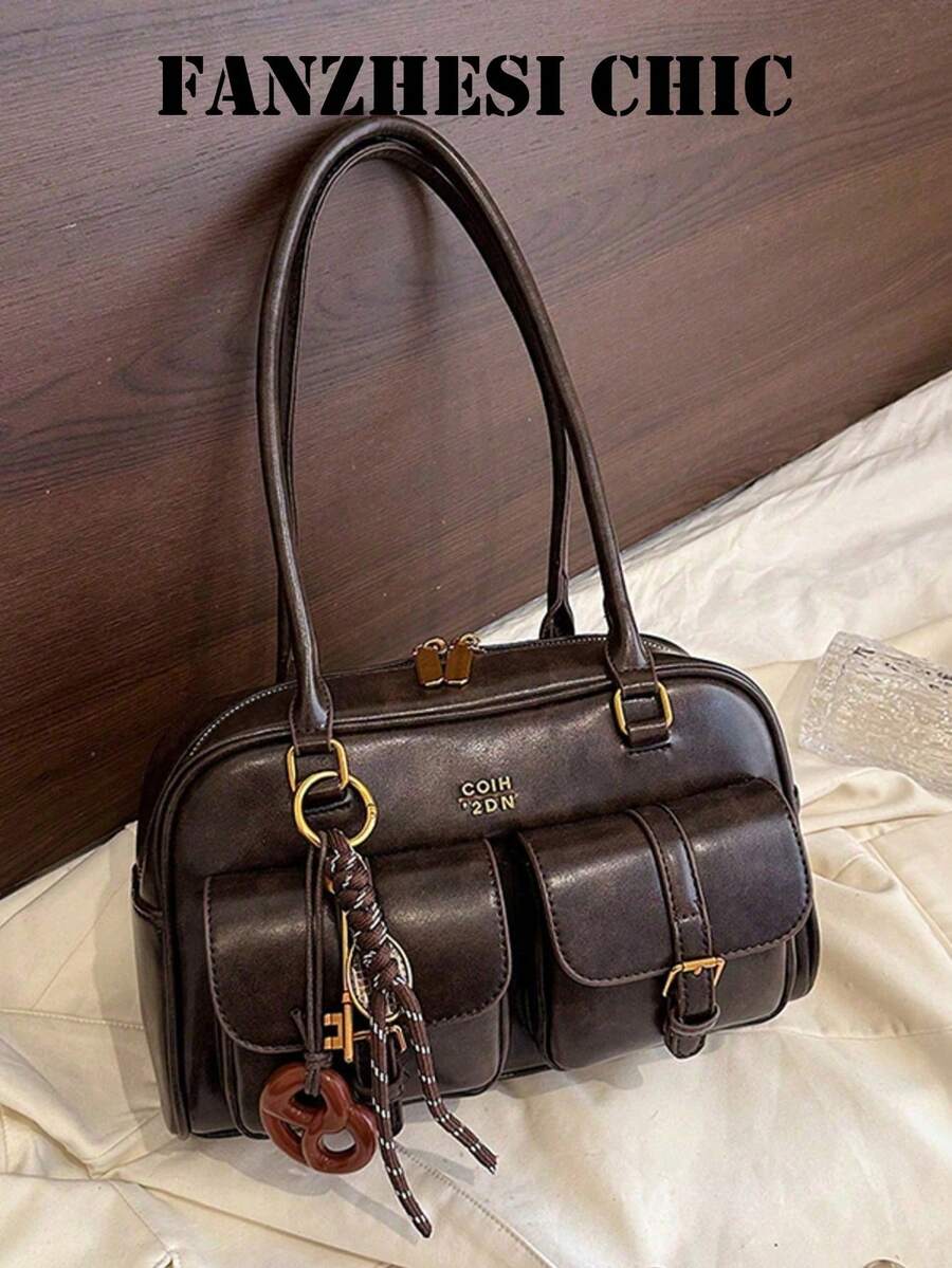 Double Pocket Belt Buckle Vintage Oil Wax Soft Leather Multi-Compartment Lock Boston Underarm Bag, American Collegiate Style, Women's Commute School Ins Shoulder Handbag - Coffee - View 1