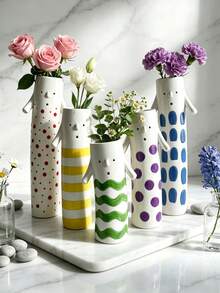 Cute Cartoon Character Resin Flower Vase, Green Wavy Stripes Face Vase With Small Arms, Creative Desktop Ornament, Tabletop Decor For Bedroom Living Room Shelf, Boho Home Decorative Gift - Figurine - View 4