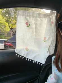 Cute Daisy Car Window Shade, Waffle Weave Sunshade Curtain With Pom Poms, Baby UV Protection Heat Insulation Cover, Easy Install Auto Side Window Blind - A - View 5