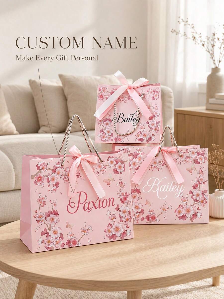 1pc Personalized Gift Bag With Ribbon, Customized Name Bridesmaid Gift Bag, Foldable Lightweight Tote Bag, Suitable For Bridal Shower And Party Favors - Multicolor - View 1