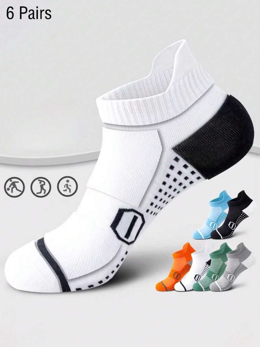 6 Pairs Men's Color Block Sports Short Socks, Minimalist Square Grid Pattern Design, Anti-Slip Heel Tab Ball Sports Socks - Multicolor - View 1