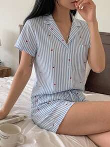 DAZY 女士条纹心形休闲睡衣套装，配有松紧腰短裤，适合春、夏、秋季穿着。 - 淺藍色 - 查看 1