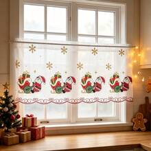 Christmas Solid Color Kitchen Curtain Set, Embroidered With Santa Claus Sleigh Reindeer, Christmas Tree, Snowflake, Bell, Rod Pocket Pleated Sheer Curtain, Semi-Transparent Christmas Window Decor, Suitable For Home, Cafe, Kitchen, Holiday Party Decoration - White - View 5