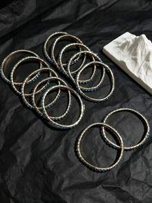 12件組粉色水鑽彈性手鍊，Y2K粉色手鐲，適合派對、婚禮、新娘飾品 - 金色+湖藍色 - 查看 4