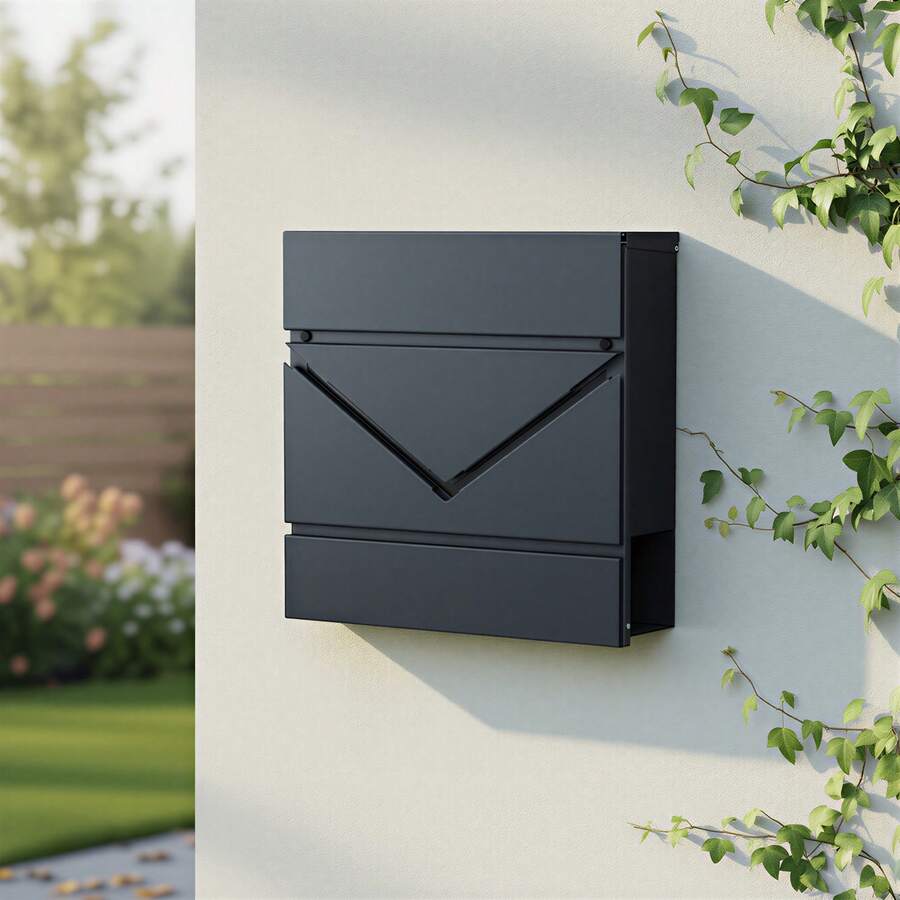 SONGMICS Wandbriefkasten mit Zeitungsfach und Schloss, V-Sichtfenster, 37 x 10,5 x 37 cm, Anthrazit - Anthrazitgrau - Übersicht 1