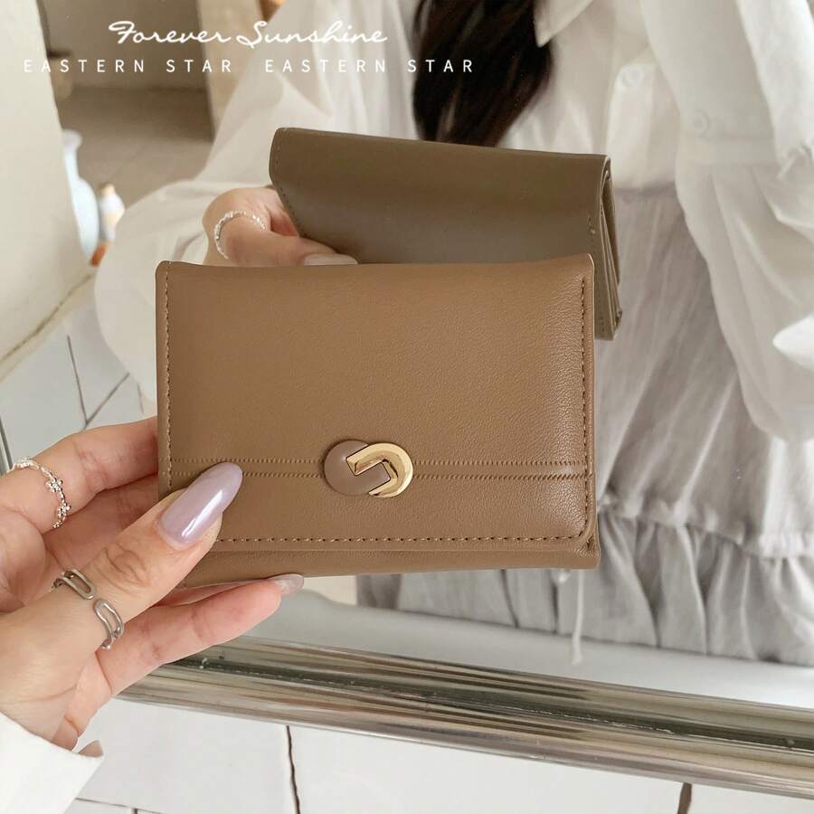 Premium Luxury D-Buckle Trifold Women's Wallet, Compact Multi-Card Slot Coin Purse, Minimalist Solid Color PU Leather Wallet, Ready To Ship