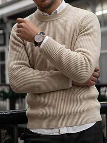 Vintage Textured Vertical Striped Loose Knit Sweater Men's Solid Color Crew Neck Long Sleeve Base Layer Top Casual Versatile Autumn/Winter - Apricot - View 1