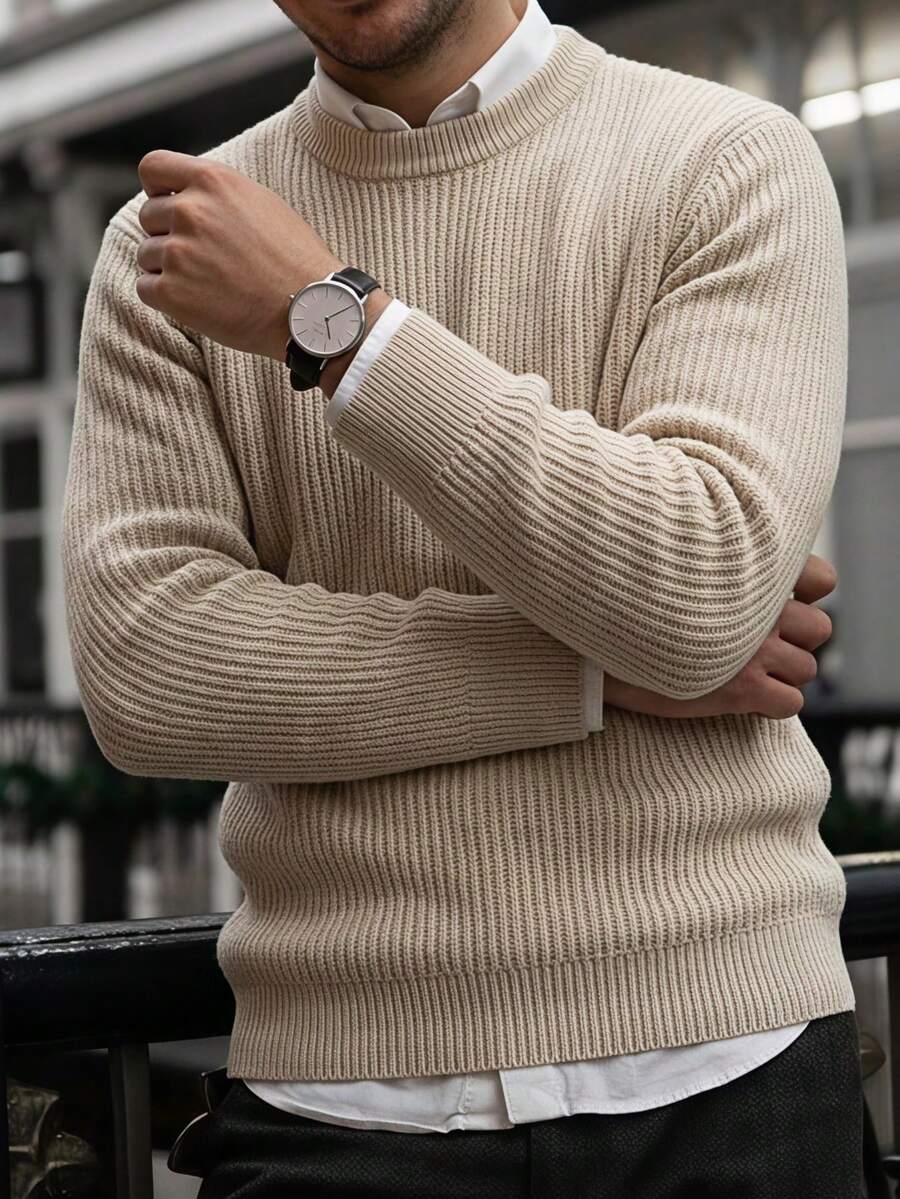 Vintage Textured Vertical Striped Loose Knit Sweater Men's Solid Color Crew Neck Long Sleeve Base Layer Top Casual Versatile Autumn/Winter - Apricot - View 1