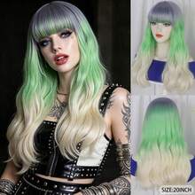 Medium Long Wavy Curly Rainbow Synthetic Hair With Bangs - Natural Looking, Beginner Friendly, Daily Fashion Halloween Cosplay Colorful Holiday Party Costume Wig For Women - Multicolor - View 15