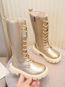 1 Pair Girls' Gold High-Top Boots, Lace-Up Side Zipper Thick Sole Riding Boots, Children's Fashion Performance Long Boots - Gold - View 8