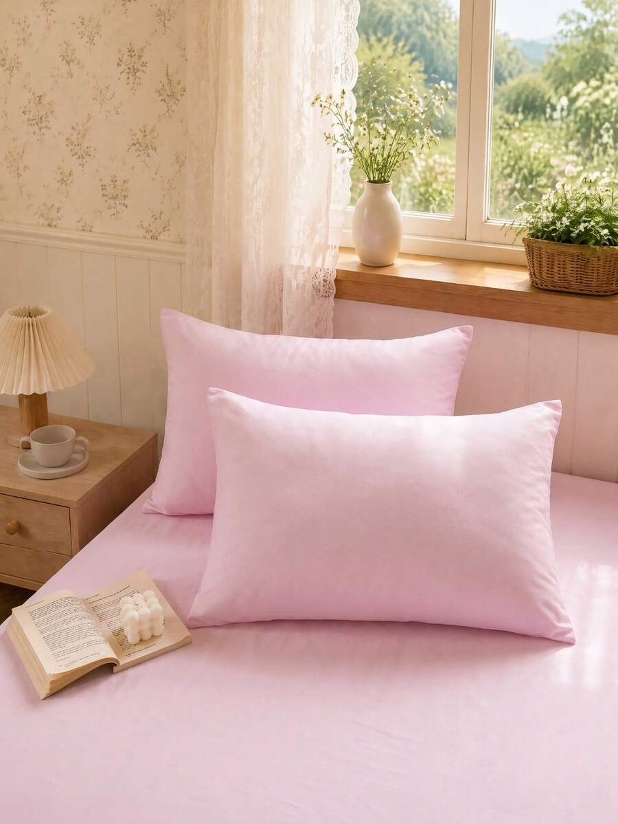2pcs Pink Super Soft Solid Color Pillowcases, Lightweight And Breathable, Envelope Closure, Solid Color Bed Pillowcases, Suitable For Bedroom, Dorm, Back To School Season And Other Occasions. - Pink - View 1