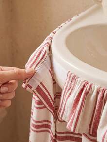 1/2pcs Beige With Red Horizontal Stripes Fabric Wash Basin Skirt, Warm Pastoral Style, Round Top With Ruffle Edge And Gathered Hem Detail, Covers Wash Basin Pipes And Decorative Beautification Function, Suitable For Warm Tone Bathroom And Cozy Home Decor Scenes - Red - View 4