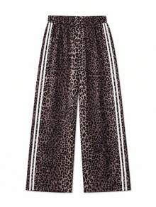 Satin Ombre Straight Leg Pants, Loose Fit Leopard Print Hiphop Style Women's Trousers, For Spring & Autumn Brown - Brown - View 4
