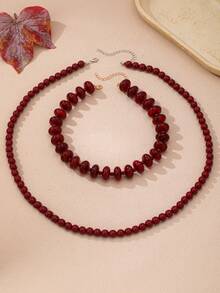 OABE Bộ 2 dây chuyền phong cách Bohemian màu đỏ rượu vang đính hạt, gồm hạt oval và hạt tròn, phù hợp cho nữ đeo hàng ngày - Màu Đỏ Sâu - Xem 4