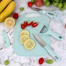 Conjunto Faca Tesoura Tabua Corte Comida Alimento Cozinha Descascador Manual 4 Peças Cocçao - Rosa Bebê - Visão 4