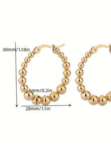 1 Pair 18K Stainless Steel Round Bead Hoop Earrings, Suitable For Daily Wear, Halloween Gift - Gold - View 3