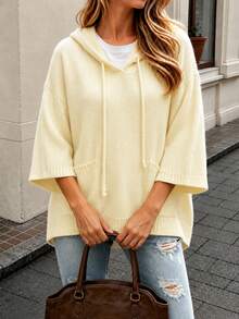 Plus Size Women's Solid Color Knit Fabric Pocket Drawstring Casual Versatile Commute Loose Hooded Pullover Sweater Holiday Daily Date Single Fall - Pale Yellow - View 1